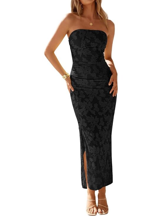 Dresses & Skirts - Women's Black Floral Strapless Side Slit Mesh Formal Bodycon Maxi Dress